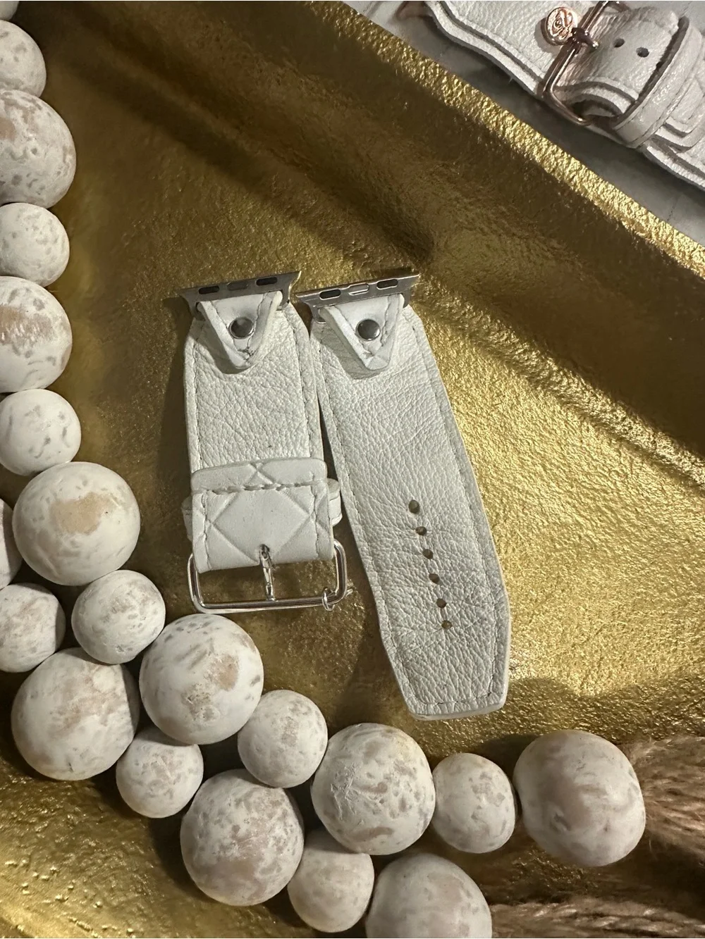Quilted White Leather Apple Watch Band with Stud Details